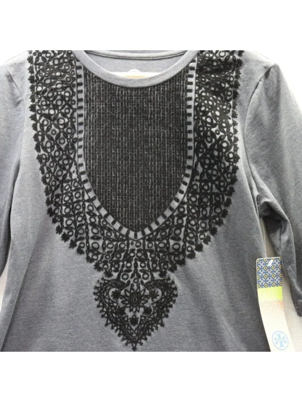 Tory Burch Estelle Tee Gray Velvet Embellished 3/4 Sleeve Top Large